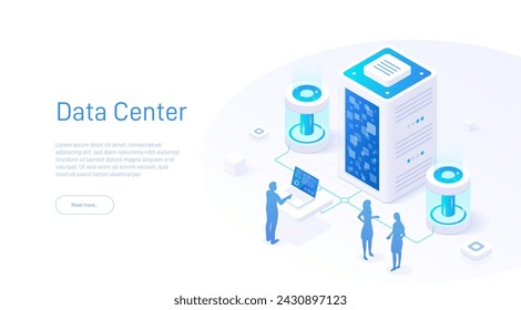 Isometric illustration of a data center featuring engineering machines, electric blue accents. Engineering science. Big data computer, server room, 3d illustration.