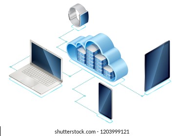 Isometric illustration of data network management. Networking server or in cloud and portable devices: laptop, mobile phone and tablet computer, connected with internet.  Contains transparency. 