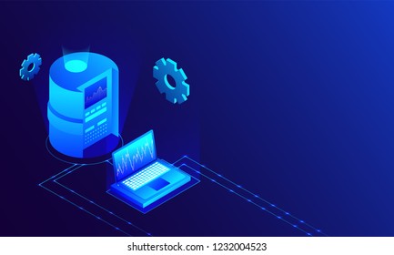 Isometrische Illustration der mit Laptop verbundenen Datenbank auf glänzendem, blauen Hintergrund für das Data Center Konzept.