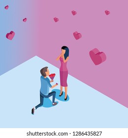 isometric illustration of declaration of love, proposal to marry, valentines day card