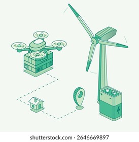 Isometric illustration of a delivery drone transporting a package to a house using a route map. Powered by wind energy and battery. Concept of eco-friendly smart logistics. Vector.