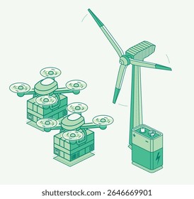 Isometrische Darstellung von Lieferdrohnen, die Pakete tragen, die mit erneuerbarer Energie aus Windturbine und Batterie betrieben werden. Konzept für nachhaltige Logistik und grüne Technologie. Vektor.