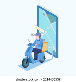 Isometric Illustration Of Delivery Services App With A Guy Riding Delivery Bike