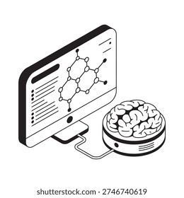 Isometric illustration depicting artificial intelligence a brain and data analysis