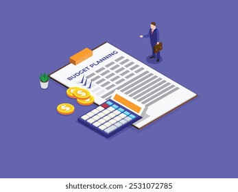 An isometric illustration depicting a businessman standing near a clipboard labeled "BUDGET PLANNING." A calculator, coins, and a potted plant are also present.