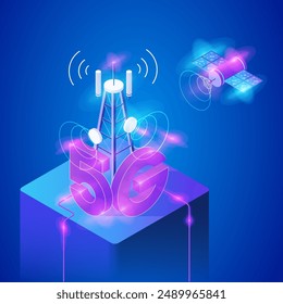 Isometric illustration depicting a cellular tower with a prominent 5G sign space satellite. Telecommunications, technology, connectivity, 5G networks, and the future of wireless communication.