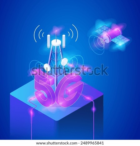 Isometric illustration depicting a cellular tower with a prominent 5G sign space satellite. Telecommunications, technology, connectivity, 5G networks, and the future of wireless communication.
