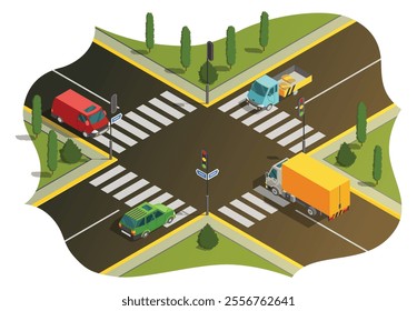 Isometric Illustration Depicting a Detailed and Busy Urban Intersection Surrounded by Vehicles