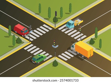 Isometric Illustration Depicting a Detailed and Busy Urban Intersection Surrounded by Vehicles