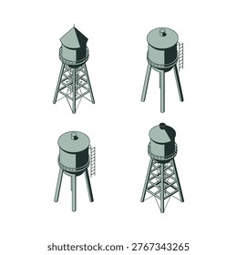 Isometric illustration depicting four different green water towers with supporting lattice structures high quality professional