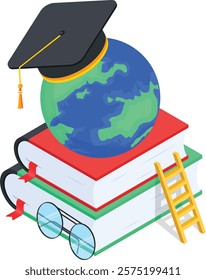 Isometric illustration depicting a graduation cap perched atop a globe, symbolizing global education. Stacked books and a ladder represent the journey of learning and reaching academic heights.