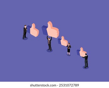 An isometric illustration depicting a group of people holding up large thumbs-up icons, symbolizing positive feedback, approval, and support.