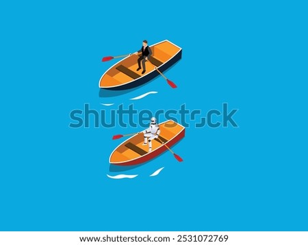 An isometric illustration depicting a human and a robot rowing boats side-by-side. The image represents the ongoing debate about the role of technology and automation in the workplace