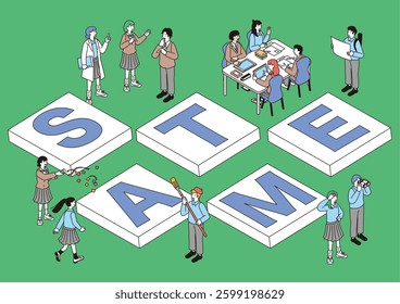 An isometric illustration depicting the letters STEAM education and children's future education