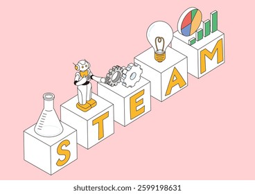 An isometric illustration depicting the letters STEAM education and children's future education