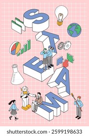 An isometric illustration depicting the letters STEAM education and children's future education