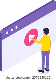 Isometric illustration depicting a man interacting with a play button on a website or app page, representing online video streaming and user experience design