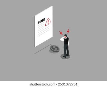 An isometric illustration depicting a man standing in front of a large document labeled "FINE" with an exclamation mark.