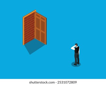An isometric illustration depicting a man standing in front of a brick wall with an open door