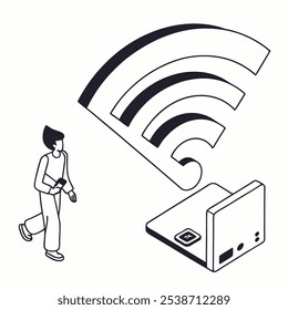 Ilustração isométrica mostrando uma pessoa caminhando em direção a um notebook emitindo um sinal Wi-Fi forte. Esta imagem simboliza conectividade, acesso à Internet e a facilidade de comunicação on-line.