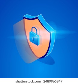 Isometric illustration depicting a shield with a lock symbol, representing the concept of data protection and security. Perfect for designs related to cybersecurity, data privacy, digital protection.