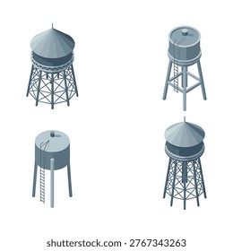 Isometric illustration depicting three different water towers with supporting structures and varying designs high quality