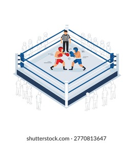 An isometric illustration depicting two boxers in red and blue gloves and shorts, with a referee, inside a boxing ring during a fight.
