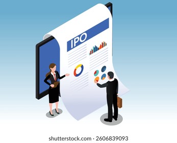 Isometric illustration depicting two business professionals analyzing a large document labeled IPO displayed on a digital screen