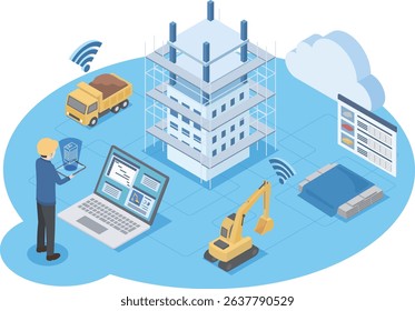 Isometric illustration depicting the use of cloud systems in the construction industry