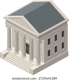 An isometric illustration depicts a classical building with prominent columns, a pediment, a pitched roof, and stairs leading to the entrance, rendered in a simple, flat vector style.