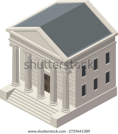 An isometric illustration depicts a classical building with prominent columns, a pediment, a pitched roof, and stairs leading to the entrance, rendered in a simple, flat vector style.