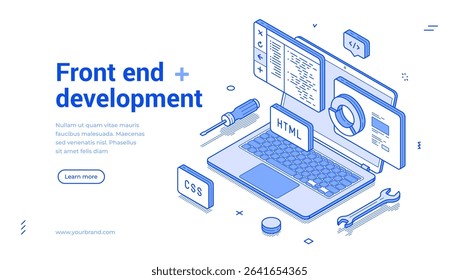 Isometric illustration depicts front-end development with a laptop, coding symbols, and tools, showcasing the significance of web development in todays tech landscape.
