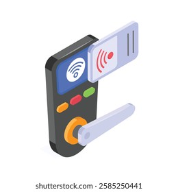 Isometric illustration depicts a modern wireless hotel door lock system