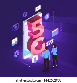 Isometric illustration design concept 5G. Network technology solution connecting internet with highspeed. People working lifestyle together. Vector illustrate.