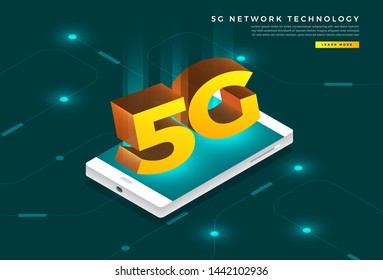 Isometric illustration design concept 5G. Network technology solution connecting internet with highspeed. People working lifestyle together. Vector illustrate.