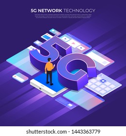 Isometric illustration design concept 5G. Network technology solution connecting internet with highspeed. People working lifestyle together. Vector illustrate.
