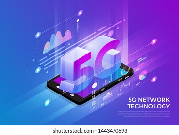 Isometrisches Illustrationskonzept 5G. Netzwerk-Technologie-Lösung, die Internet mit Hochgeschwindigkeits-Internet verbindet. Menschen, die zusammen Lifestyle arbeiten. Vektorillustration illustriert.