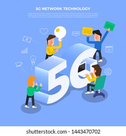 Isometric illustration design concept 5G. Network technology solution connecting internet with highspeed. People working lifestyle together. Vector illustrate.