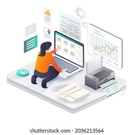 Isometric illustration design concept. choose invoice data to print