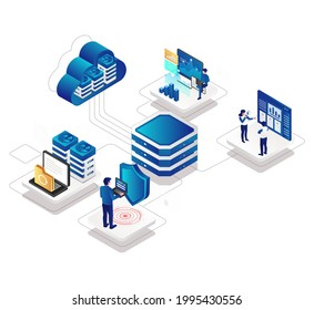 Concepto de diseño de ilustración isométrica. administración de diseño web y servidor en la nube