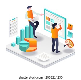 
Concepto de diseño de ilustración isométrica. compilación de un tablero de análisis para la planificación del desarrollo empresarial