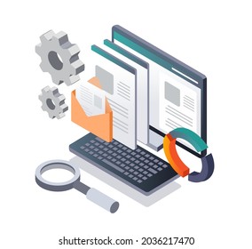
Isometric illustration design concept. a computer with data and email