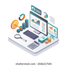 
Isometric Illustration Design Concept. A Computer With Data Analysis And Search Tools