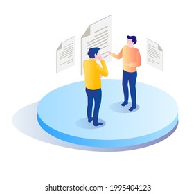 Isometric illustration design concept. currently in discussions and meetings to complete data documents