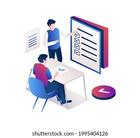 Isometric illustration design concept. currently in discussions and meetings to complete data documents