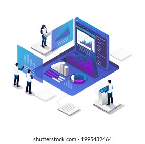 Isometric illustration design concept. data analyst and stock investment team