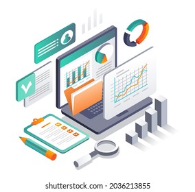 Isometric illustration design concept. data analyst and search professional laptop
