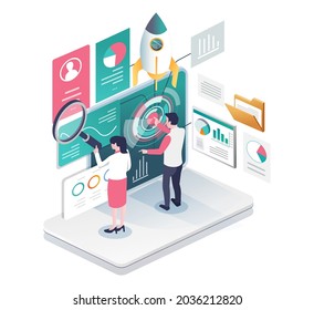 Isometric illustration design concept. digital transformation and website seo optimization