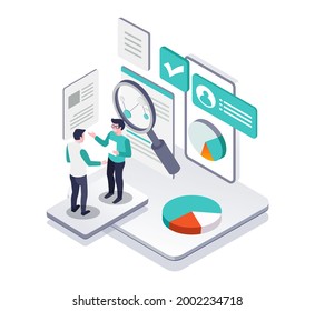 Isometric Illustration Design Concept. Discussion About Search And Business Growth