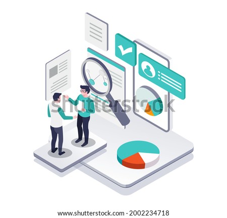 Isometric illustration design concept. discussion about search and business growth